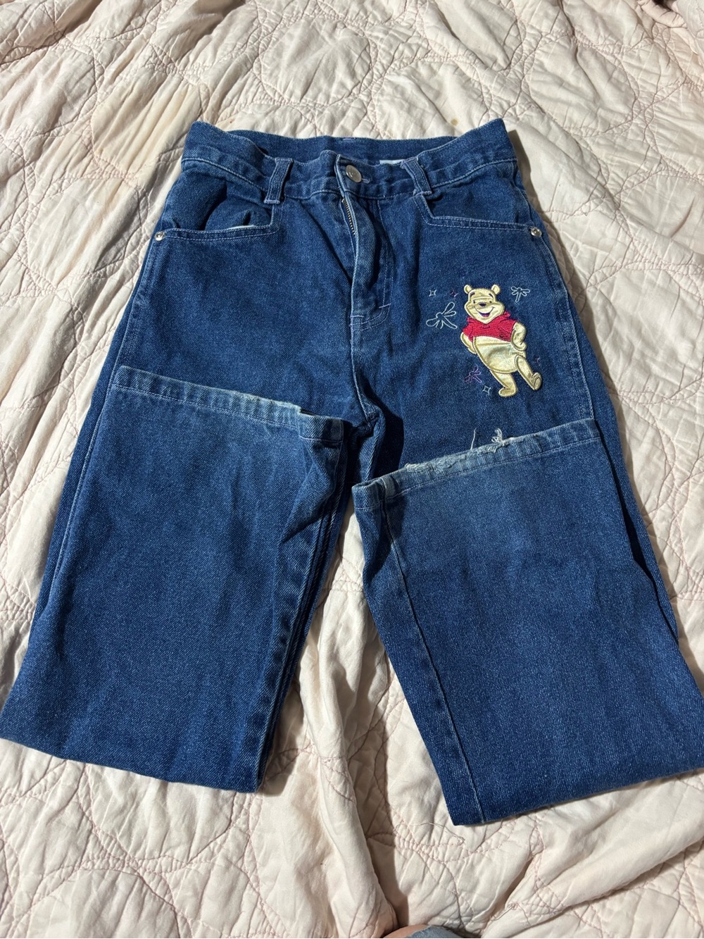 Vintage Kids Dark Blue Denim Jeans with Winnie the Pooh Embroidery